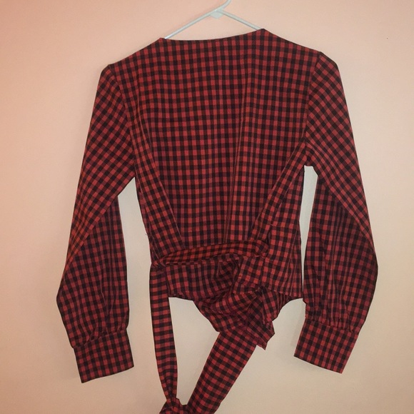 Size S Red and Black Checkered Wrap Around Blouse - Picture 3 of 6